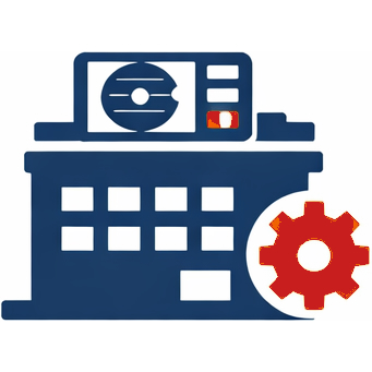 Commercial building with rooftop HVAC unit and gear icon for service