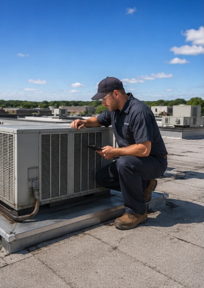 Professional HVAC technician in a dark work uniform inspecting a large commercial rooftop HVAC unit on a flat commercial building roof under a clear blue sky during daylight.