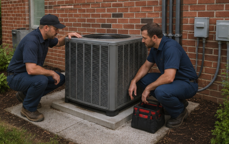 Two HVAC technicians in work uniforms reviewing equipment beside a large outdoor commercial air conditioning condenser unit next to a brick commercial building in natural daylight.