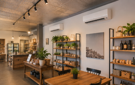 Modern retail or restaurant interior in New Jersey featuring ceiling-mounted ductless mini split HVAC units, warm ambient lighting, wood furnishings, and a clean contemporary design with no people present.