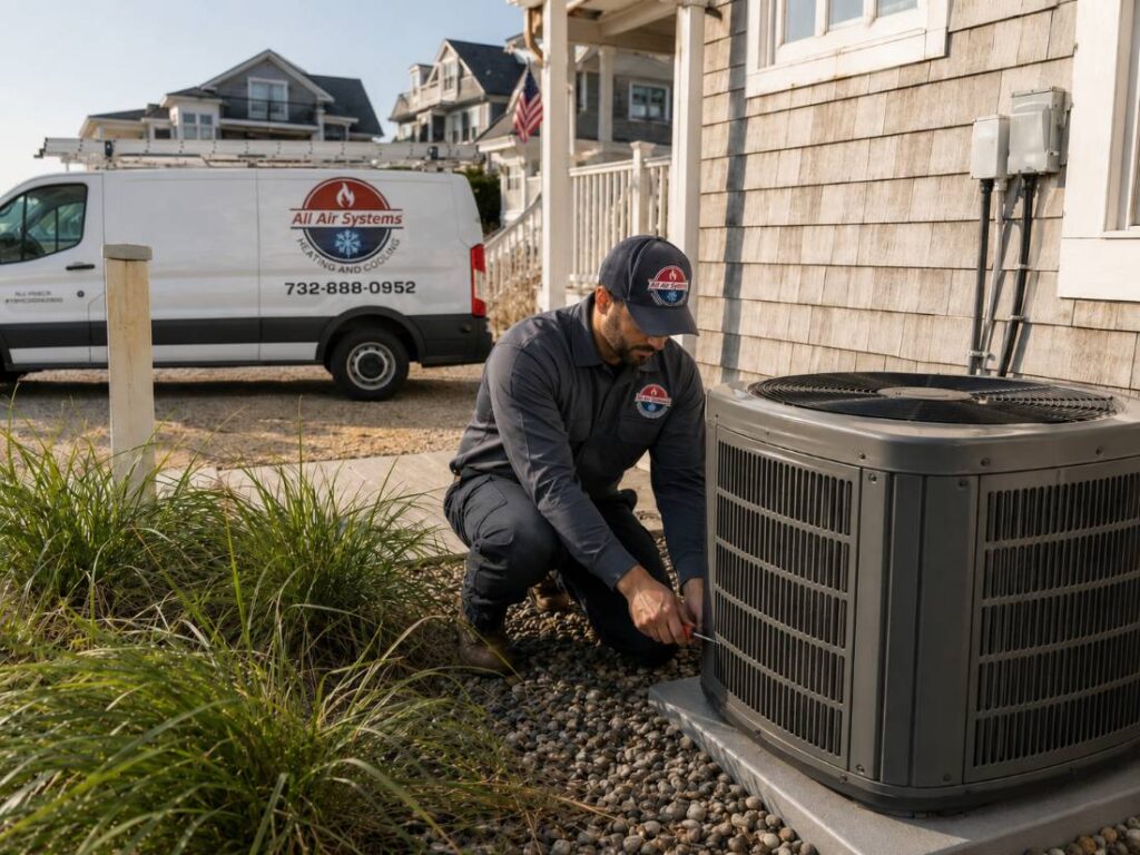 HVAC technician installing an outdoor condenser unit at a coastal home in Toms River, NJ