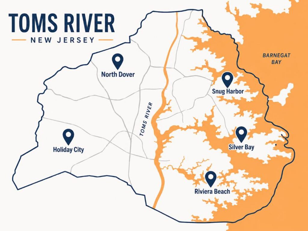 Map graphic showing All Air Systems HVAC service coverage across Toms River, NJ neighborhoods