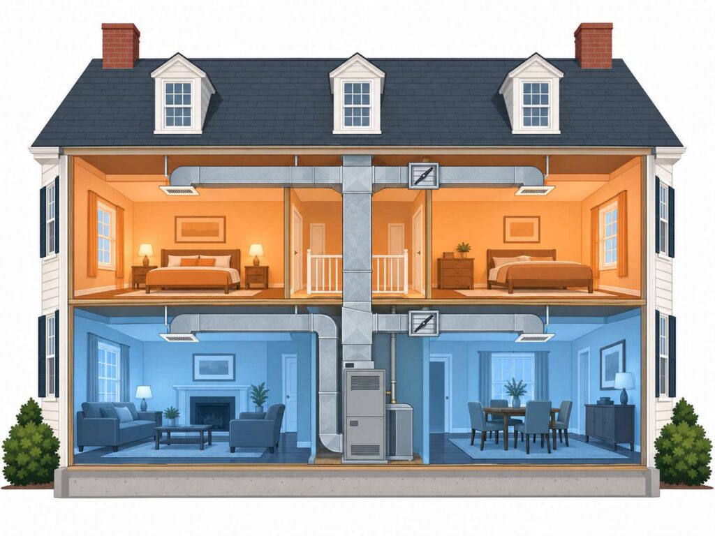 Two-story home with separate heating and cooling zones for each floor