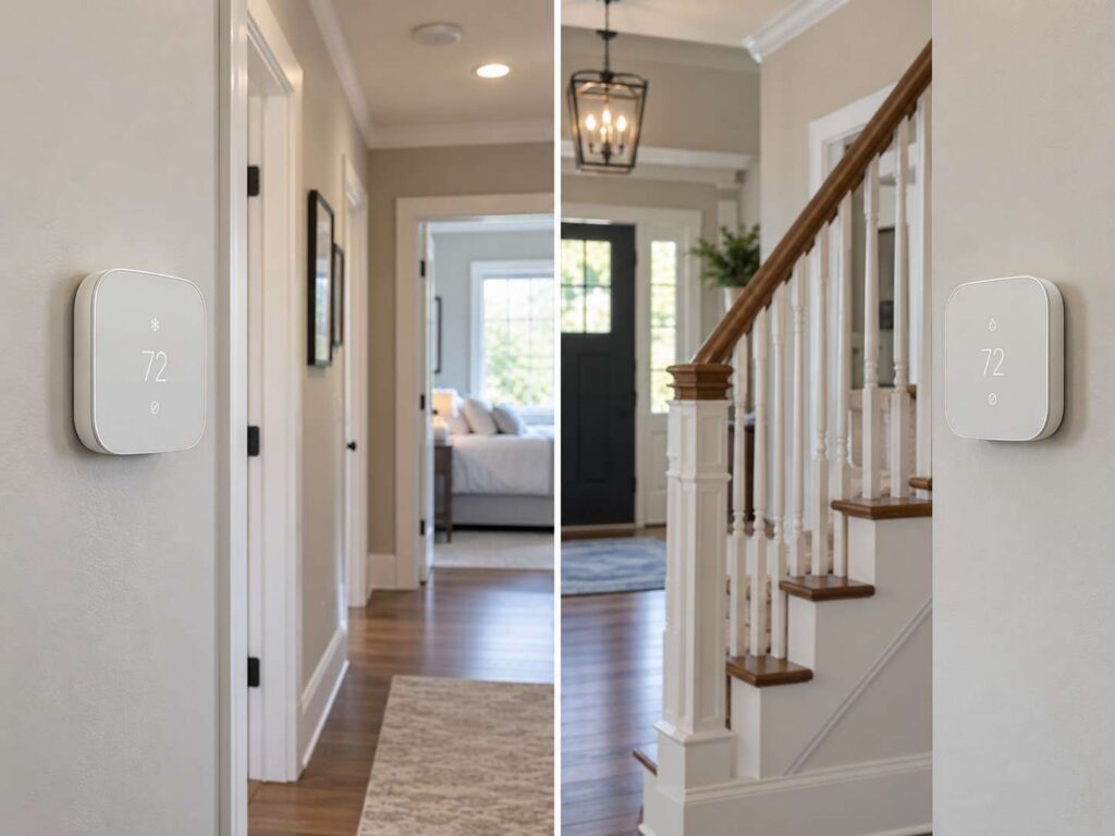 Separate upstairs and downstairs thermostats on a zoned HVAC system
